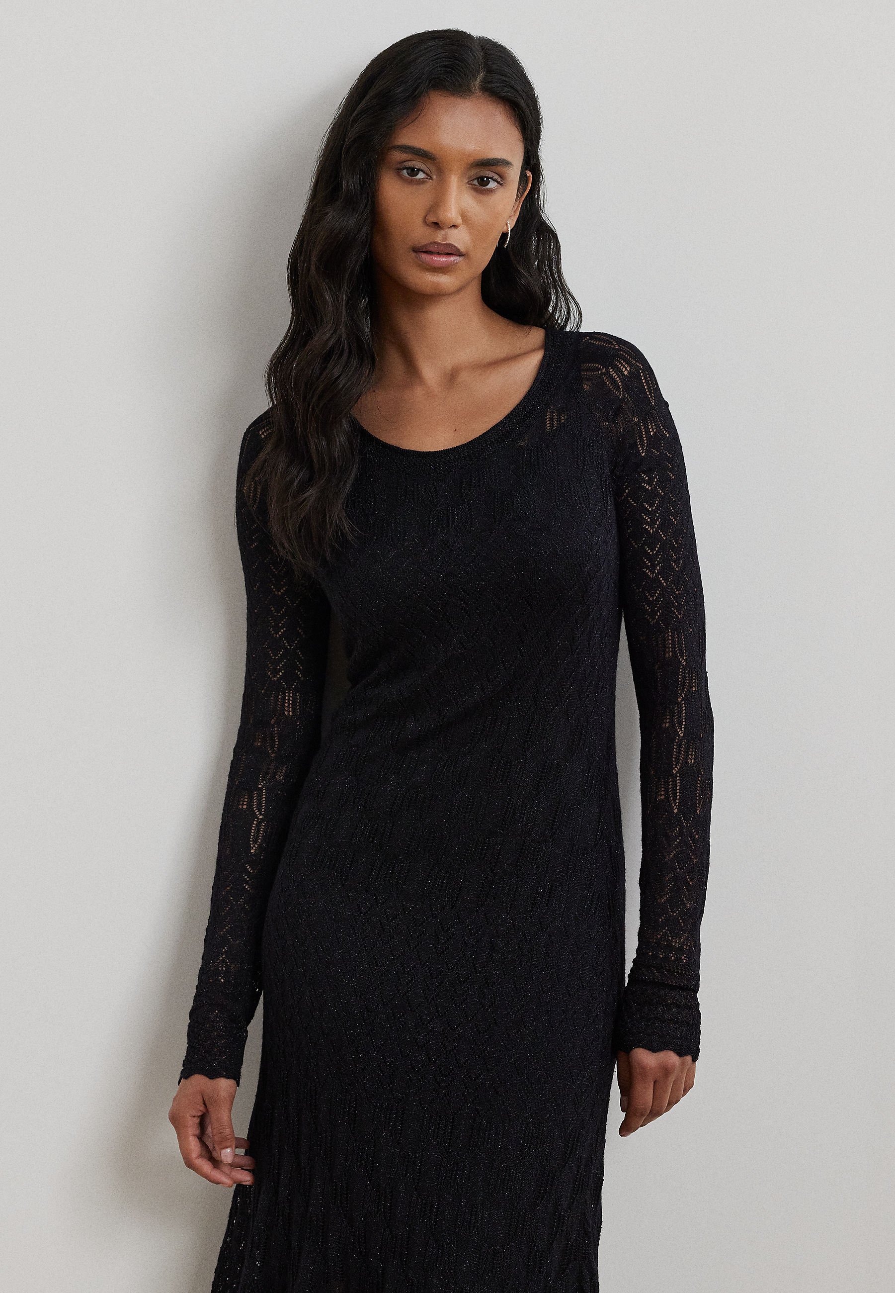 Lauren Ralph Lauren POINTELLE KNIT LONG SLEEVE DRESS - Jumper dress - black  - Zalando