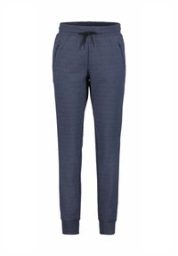 Diepblauwe sweatpants van zacht materiaal, met een verstelbare tailleband, twee zijzakken met rits en taps toelopende broekspijpen.