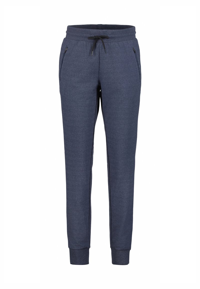 Diepblauwe sweatpants van zacht materiaal, met een verstelbare tailleband, twee zijzakken met rits en taps toelopende broekspijpen.