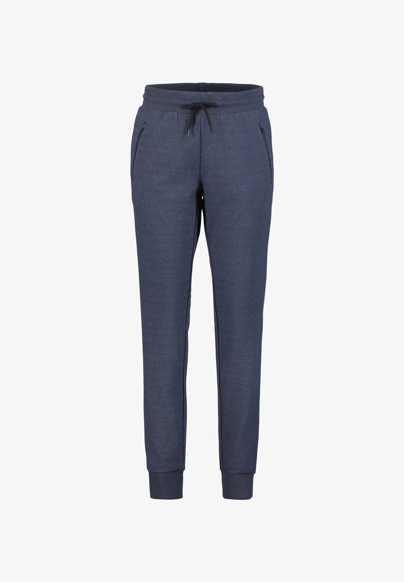 Mørkeblå træningsbukser lavet af blødt stof, med snøre i taljen, to sidelommer med lynlås og tætsiddende benåbninger.