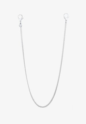 Chaîne en argent avec un fermoir en formel, présentant des maillons entrelacés et une finition lisse. La longueur est modérée, convenant à divers usages.