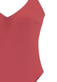 Gerippter Einteiler in einem gedämpften Korallenton mit V-Ausschnitt und nahtlosen Kanten, ausgestattet mit schmalen Schulterträgern und einer figurbetonten Silhouette.