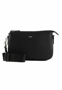 Schwarze Leder-Crossbody-Tasche mit einem Reißverschluss, verstellbarem Stoffgurt und einem dezenten Logo-Detail auf der Vorderseite. Glatte Textur, minimalistisches Design.