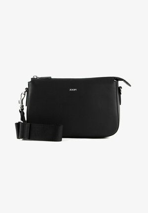 Schwarze Leder-Crossbody-Tasche mit einem Reißverschluss, verstellbarem Stoffgurt und einem dezenten Logo-Detail auf der Vorderseite. Glatte Textur, minimalistisches Design.