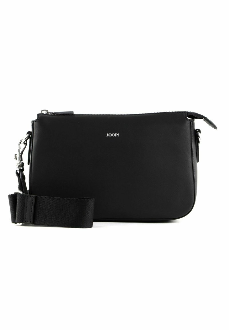 Schwarze Leder-Crossbody-Tasche mit einem Reißverschluss, verstellbarem Stoffgurt und einem dezenten Logo-Detail auf der Vorderseite. Glatte Textur, minimalistisches Design.