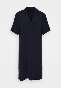 Robe chemise bleu marine à manches courtes avec décolleté en V, en tissu doux, coupe décontractée et détails minimalistes pour un look polyvalent.