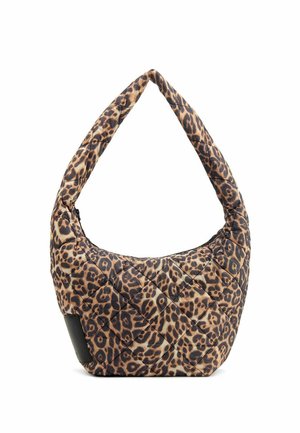 Gepolsterte Hobo-Tasche im Leopardenmuster mit glatter Textur, runder Form und einem eleganten schwarzen Akzent nahe der Unterseite.