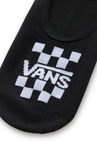 Calcetín de tobillo de algodón negro con un patrón de tablero de ajedrez blanco y el logo "VANS" tejido en el centro. Superficie texturizada, puño acanalado.