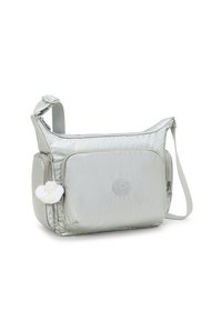 Borsa a spalla sintetica grigia chiara con un compartimento con zip, superficie testurizzata e un portachiavi decorativo in peluche. Tracolla regolabile.