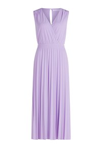 Lila ärmelloses Kleid mit Wickeldesign, plissierter Rock und teils geschlossener Rückseite. Weicher Stoff mit glatter Textur. Elastischer Bund für eine gute Passform.