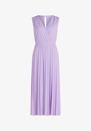 Lila ärmelloses Kleid mit Wickeldesign, plissierter Rock und teils geschlossener Rückseite. Weicher Stoff mit glatter Textur. Elastischer Bund für eine gute Passform.