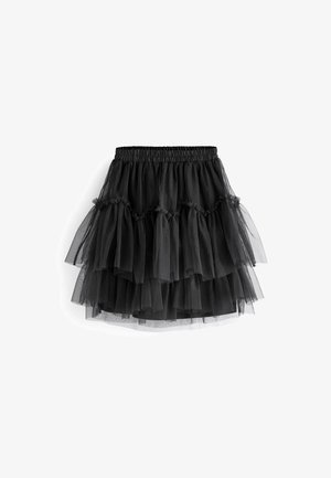 Jupe noire en tulle à couches avec une taille élastique et des détails à volants, présentant un design volumineux et à étages.