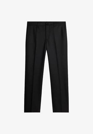 Pantaloni neri realizzati in tessuto liscio, con un design su misura e chiusura a un bottone, con frontale piatto. Senza motivi o accenti.