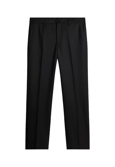 Svarta byxor i slät tyg, med skräddarsydd design, enkel knappstängning och platt framsida. Inga mönster eller detaljer.