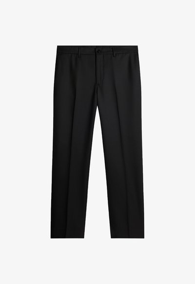 Svarta byxor i slät tyg, med skräddarsydd design, enkel knappstängning och platt framsida. Inga mönster eller detaljer.