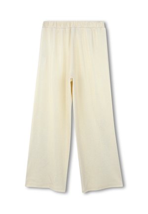 Crème-kleurige broek met wijde pijpen en een elastische tailleband. Zacht, glad materiaal met een lichte glans. Geen patronen of zichtbare hardwaredetails.