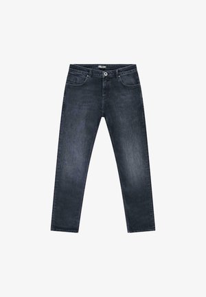 Donkerblauwe spijkerbroek van denim met een rechte pijpsnit, vijf zakken en een knoopsluiting. Eenvoudig ontwerp met subtiele vervaging en stikdetails.