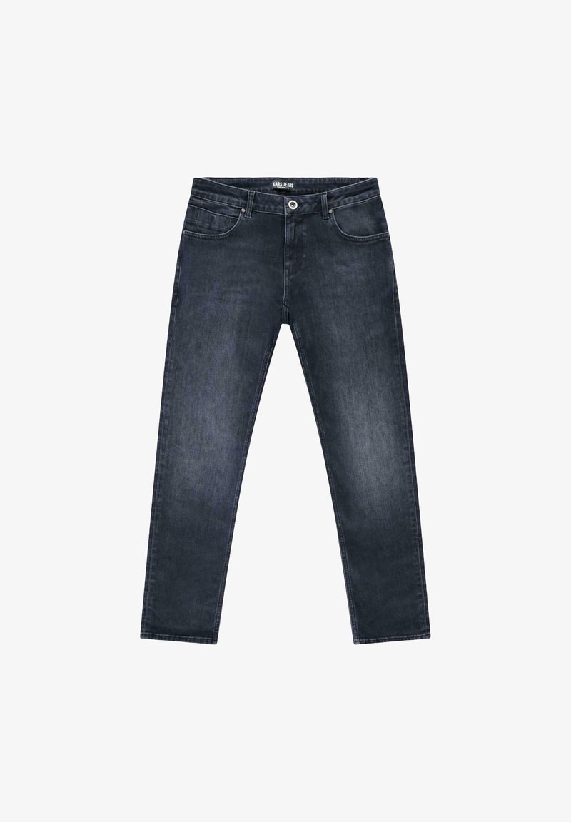 Donkerblauwe spijkerbroek van denim met een rechte pijpsnit, vijf zakken en een knoopsluiting. Eenvoudig ontwerp met subtiele vervaging en stikdetails.