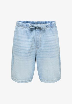 Šviesiai mėlyni džinsiniai šortai su elastine juosmens juosta ir raišteliu, priekyje subtiliai išblukusios dryželių.