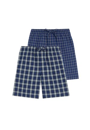 Two pairs of plaid shorts. One is dark blue with light blue check pattern, while the other has a grid design with thin lines in beige.