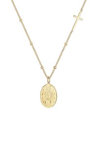 Halskette in Goldton mit einem ovalen Anhänger, der ein graviertes Design mit einem Kreuz und Sternen sowie einem kleinen Kreuzakzent aufweist.