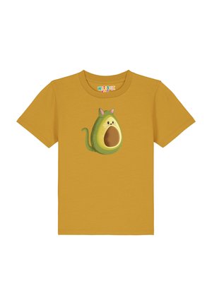 T-shirt en coton jaune avec un avocatin cartoon avec des oreilles de chat et un visage, imprimé à l'avant. Manches courtes et col rond.