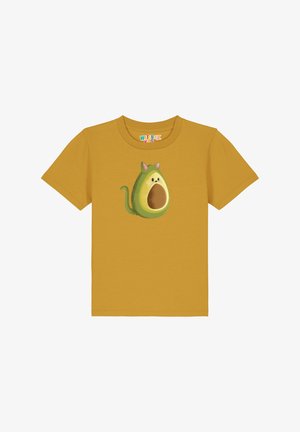 Geel katoenen T-shirt met een cartoonavocado met kattenoren en een gezicht, bedrukt op de voorkant. Korte mouwen en een ronde hals.