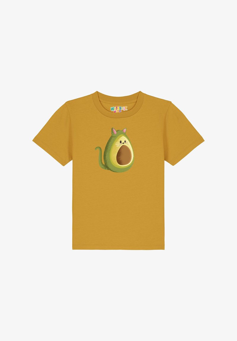 Geel katoenen T-shirt met een cartoonavocado met kattenoren en een gezicht, bedrukt op de voorkant. Korte mouwen en een ronde hals.