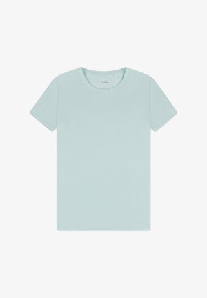 Jasnoniebieska koszulka z krótkim rękawem, wykonana z miękkiego materiału. Posiada klasyczny okrągły dekolt oraz prosty, czysty design bez wzorów.