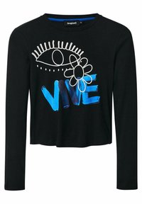 Schwarzes Langarmshirt mit gerippter Textur, das weiße Augen- und Blumenmotive, blauen "VIVE"-Text und ein kurzes Design zeigt.