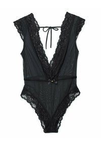 Czarny bodysuit z koronką, z głębokim dekoltem w kształcie litery V, przezroczystym materiałem siatkowym, falbankami z koronki, regulowanym związaniem z tyłu oraz kokardką w talii.