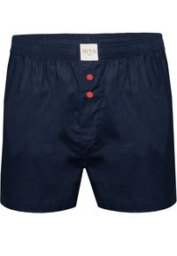 Navyblauwe katoenen boxers met een zachte textuur, elastische tailleband en drie rode knopen aan de voorkant. Label genaaid in de tailleband.