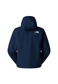 Veste imperméable marine avec capuche, dotée de poignets réglables et du logo sur le haut du dos. Texture lisse, coupe classique, sans fermetures visibles.