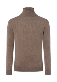 Brauner Rollkragenpullover aus strukturiertem Strickstoff, mit langen Ärmeln und figurbetontem Schnitt, ausgestattet mit gerippten Akzenten am Kragen und Saum.