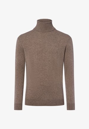 Brauner Rollkragenpullover aus strukturiertem Strickstoff, mit langen Ärmeln und figurbetontem Schnitt, ausgestattet mit gerippten Akzenten am Kragen und Saum.