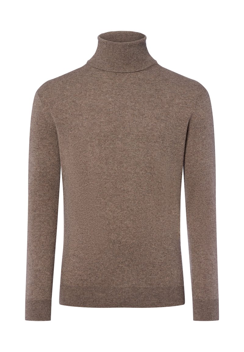 Brauner Rollkragenpullover aus strukturiertem Strickstoff, mit langen Ärmeln und figurbetontem Schnitt, ausgestattet mit gerippten Akzenten am Kragen und Saum.