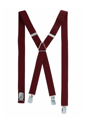 Burgundy fabric suspenders with adjustable silver hardware. Features four clips for attachment and a V-shape at the back.