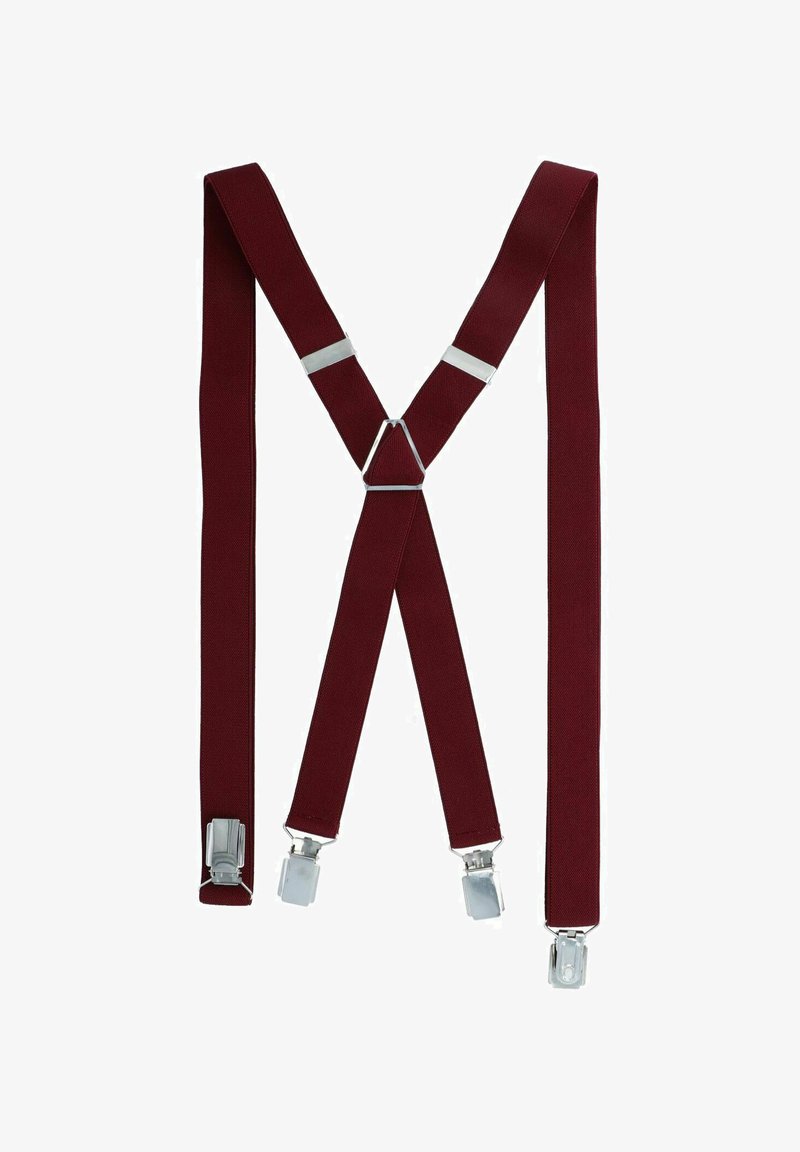 Burgunderfarbene Stoffträger mit verstellbarem silbernen Zubehör. Verfügt über vier Clips zur Befestigung und hat eine V-Form hinten.