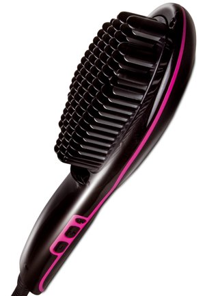 Brosse lissante électrique noire et rose avec des poils épais et des boutons de contrôle sur la poignée, sur fond blanc.