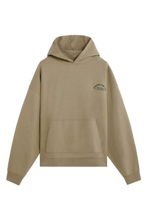 Sudadera con capucha color caqui, mezcla de algodón, corte holgado. Cuenta con un bolsillo frontal y un logo impreso en negro en el lado izquierdo. Textura suave.