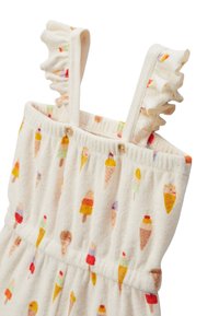 Robe en éponge blanche avec un motif coloré de cônes de glace. Elle présente des bretelles volantes et une taille élastique pour un meilleur ajustement. Texture douce.