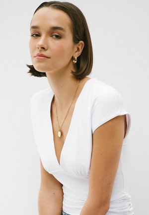 Next, REGULAR FIT - SOFT TOUCH SLINKY V-NECK RUCHED SHORT SLEEVE TOP  . - Print T-shirt - white
