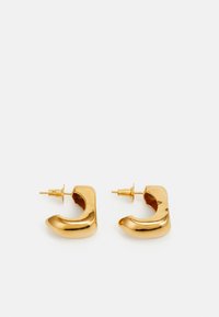 Orecchini a cerchio in oro con un design arrotondato, caratterizzati da una finitura lucida e chiusura a perno. Forma curva con superficie liscia.