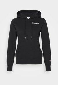 Hoodie noir en mélange de coton, avec une poche avant, des cordons de serrage réglables et un logo "Champion" brodé sur la poitrine.