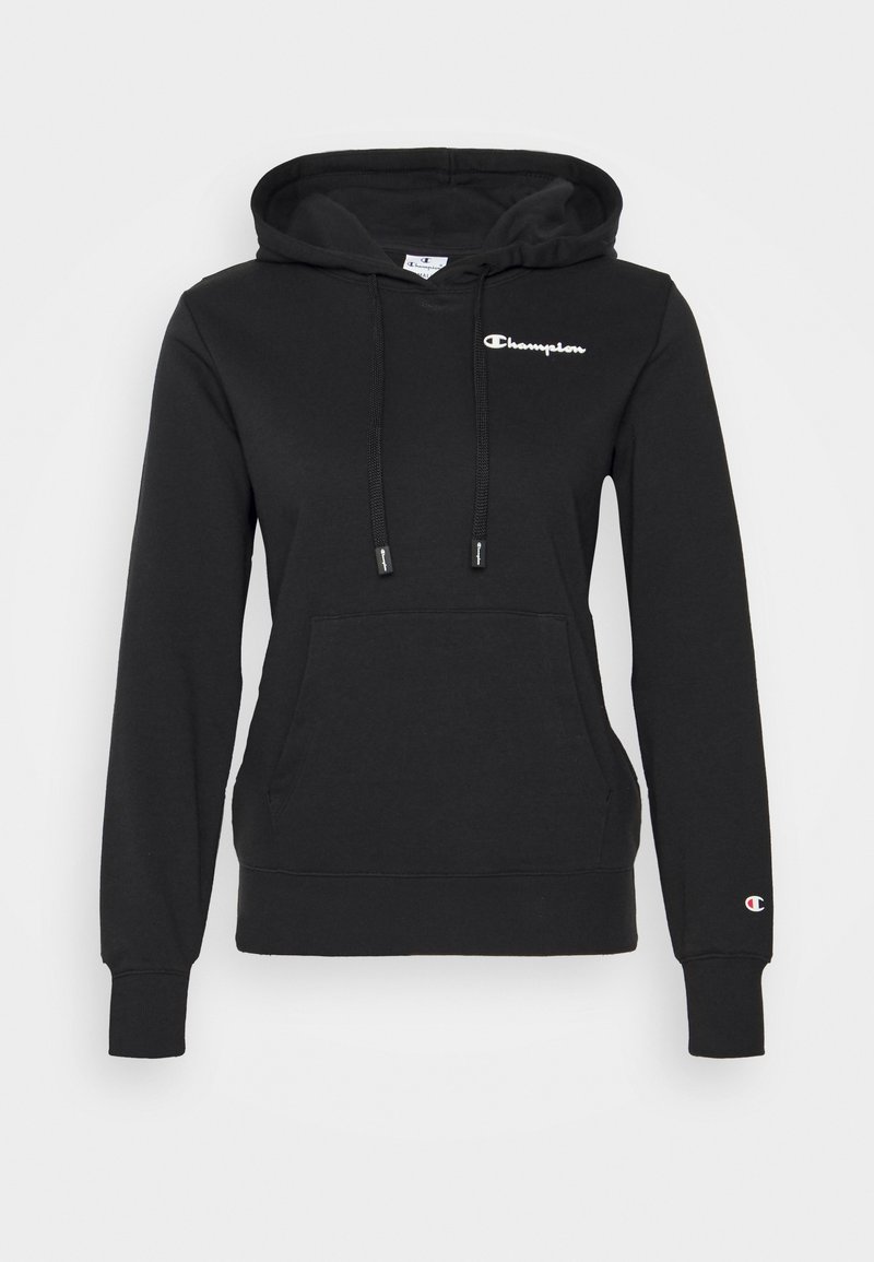 Hoodie noir en mélange de coton, avec une poche avant, des cordons de serrage réglables et un logo "Champion" brodé sur la poitrine.