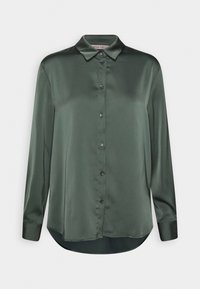 Dark green satin button-up shirt, long sleeves, pointed collar, rounded hem, six buttons down the front, smooth texture.