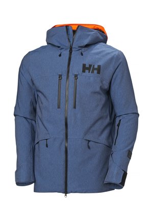 Veste imperméable bleue avec capuche, zips noirs, poches poitrine et latérales, dotée d'une doublure orange et d'un logo noir en haut à gauche.