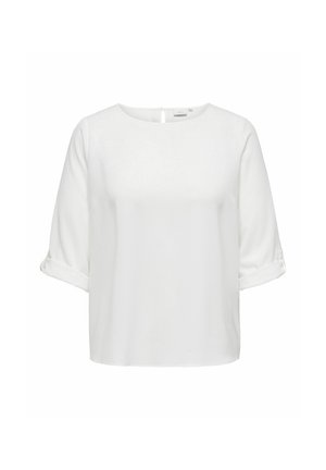 Blouse blanche à manches courtes avec un col rond, des manches à revers et une ouverture en clé à l'arrière. Texture de tissu lisse. Design décontracté.