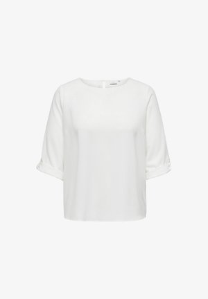 Fehér, rövid ujjú blúz kerek nyakkivágással, felhajtott ujjal és hátsó gomblyuknyílással. Sima szövettextúra. Hétköznapi dizájn.