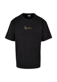 Black cotton t-shirt with short sleeves, featuring gold embroidered text. Casual fit with a rounded neckline. Smooth texture.